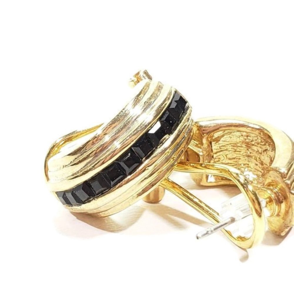 Gold Tone Jet Black Crystal Earrings French Backs - Picture 2 of 8